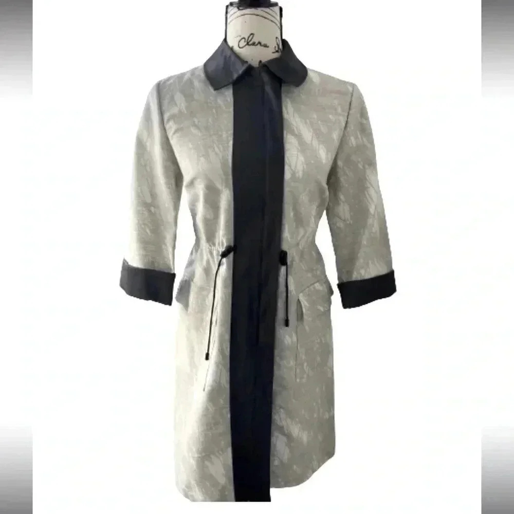 Simply Vera Wang Jacket Midi Gray& Cream Print Drawstring Waist Blazer Size XS